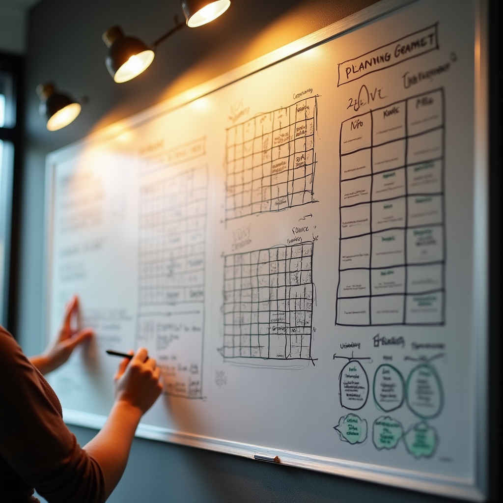 Wide-angle view of a whiteboard covered in planning frameworks and time-blocking diagrams in a modern workspace with warm overhead lighting