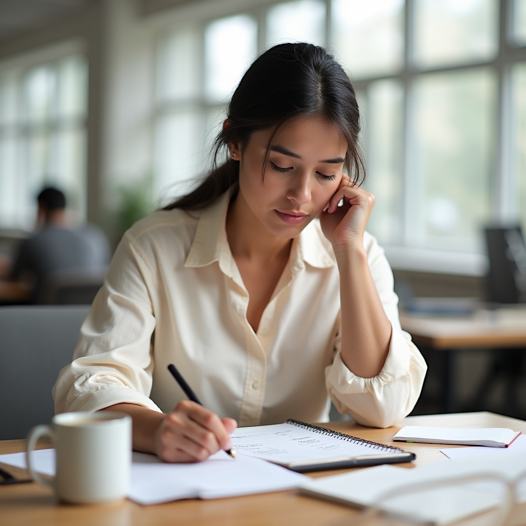 Professional adult in a bright workspace reviewing task priorities on a notepad with coffee nearby