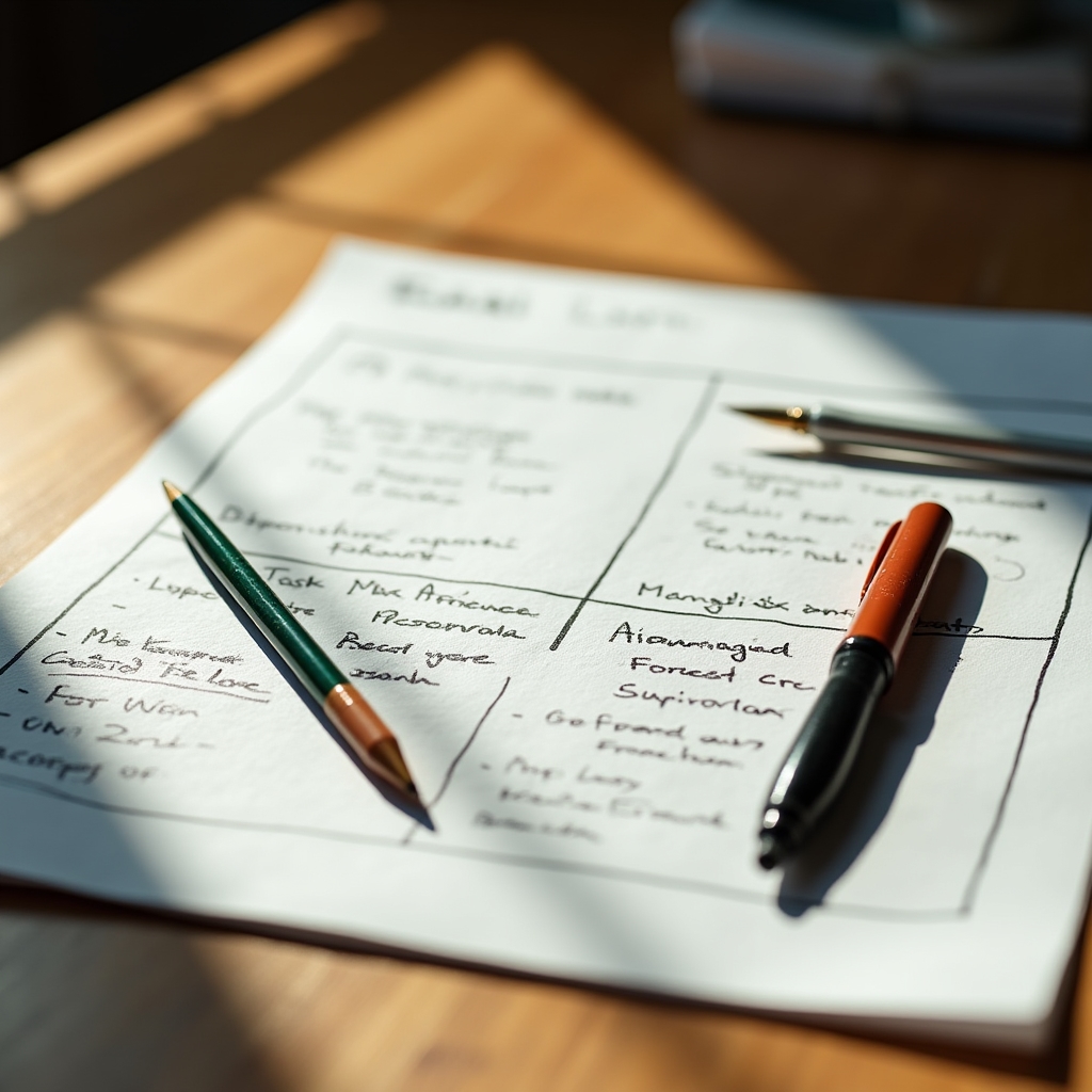 Close-up of a professional's desk showing a task priority matrix written on paper with colored markers and a focused expression